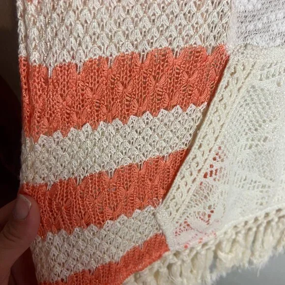 Miss Me Size Medium Stripe Knit Hooded Sweater Crochet Fringe Boho Gauze Cream - Picture 5 of 9